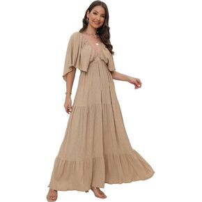 Women's Summer V-Neck, Tiered Silhouette with Flutter Sleeves Maxi Dress for Casual in Kuwait