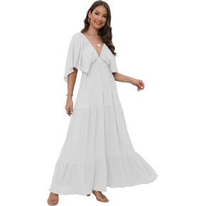 Women's Summer V-Neck, Tiered Silhouette with Flutter Sleeves Maxi Dress for Casual