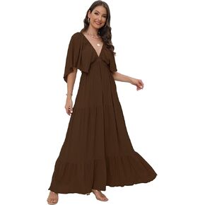 Women's Summer V-Neck, Tiered Silhouette with Flutter Sleeves Maxi Dress for Casual in Kuwait