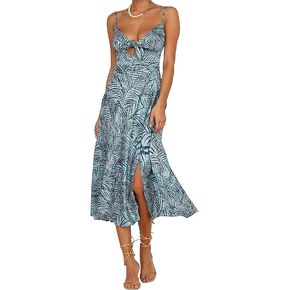Fashionme Women Spaghetti Strap Midi Satin Dresses Tie Front Backless Split Hollow Dress in Saudi Arabia