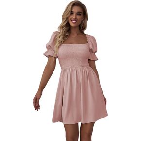 WDIRARA Women's Square Neck Flounce Short Sleeve Shirred Ruffle Hem Dress in Saudi Arabia