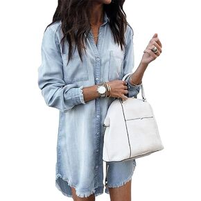 Women Denim Shirt Dresses Long Sleeve Distressed Jean Dress Button Down Casual Tunic Top