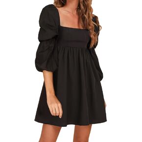 EXLURA Womens Square Neck Dress Long Puff Sleeve A-Line Casual Short Mini Dress