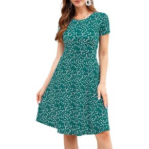 MicroStar Summer Casual Women Short Sleeve Round Neck A Line Fit and Flare Knee Length Skater Sun Dress