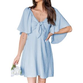 Dokotoo Womens 2023 Spring Summer Deep V Neck Elegant Bow tie Mini Dress S-XL