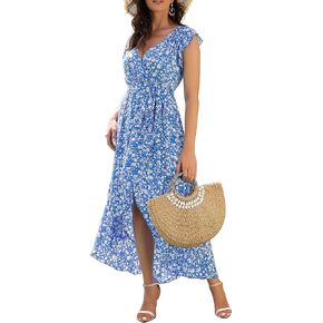 GRECERELLE Women's 2023 Summer Floral Print Cross V Neck Dress Bohemian Flowy Long Maxi Dresses