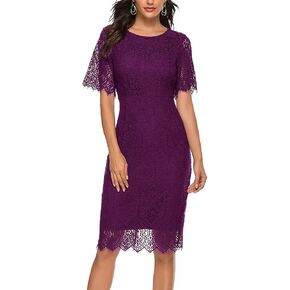MEROKEETY Women's Short Sleeve Lace Floral Cocktail Dress Crew Neck Knee Length for Party