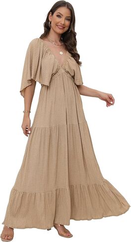 Women's Summer V-Neck, Tiered Silhouette with Flutter Sleeves Maxi Dress for Casual in Kuwait