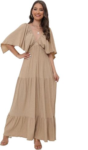 Women's Summer V-Neck, Tiered Silhouette with Flutter Sleeves Maxi Dress for Casual in Kuwait