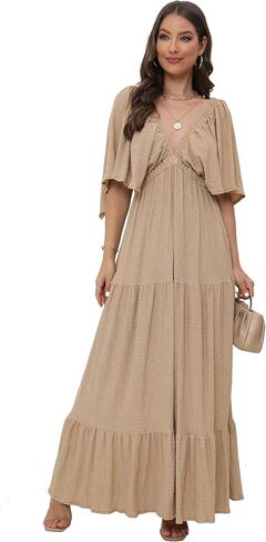 Women's Summer V-Neck, Tiered Silhouette with Flutter Sleeves Maxi Dress for Casual in Kuwait