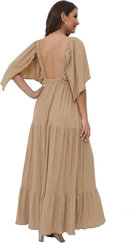 Women's Summer V-Neck, Tiered Silhouette with Flutter Sleeves Maxi Dress for Casual in Kuwait
