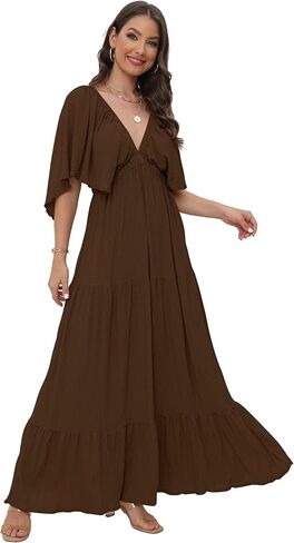 Women's Summer V-Neck, Tiered Silhouette with Flutter Sleeves Maxi Dress for Casual in Kuwait