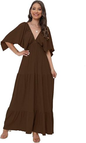 Women's Summer V-Neck, Tiered Silhouette with Flutter Sleeves Maxi Dress for Casual in Kuwait