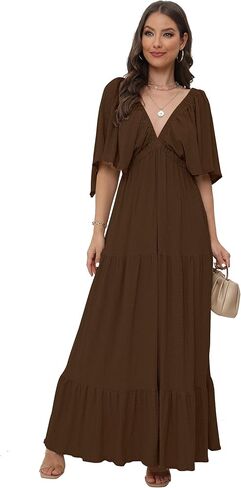 Women's Summer V-Neck, Tiered Silhouette with Flutter Sleeves Maxi Dress for Casual in Kuwait
