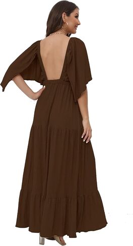 Women's Summer V-Neck, Tiered Silhouette with Flutter Sleeves Maxi Dress for Casual in Kuwait