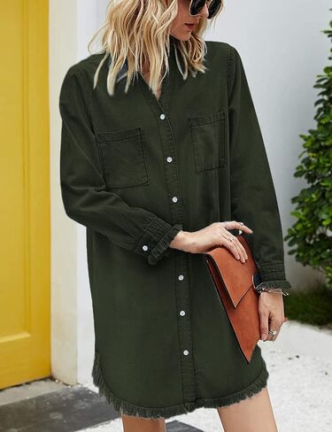 Women Denim Shirt Dresses Long Sleeve Distressed Jean Dress Button Down Casual Tunic Top in Saudi Arabia
