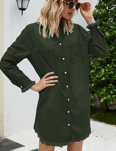 Women Denim Shirt Dresses Long Sleeve Distressed Jean Dress Button Down Casual Tunic Top in Saudi Arabia