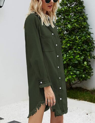 Women Denim Shirt Dresses Long Sleeve Distressed Jean Dress Button Down Casual Tunic Top in Saudi Arabia