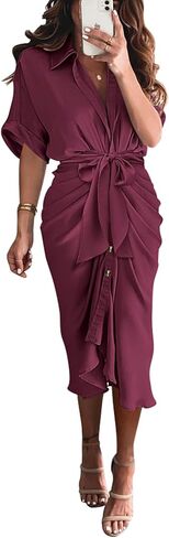 BTFBM Women 2023 Button Down Ruched Shirt Dresses Short Sleeve Lapel V Neck Elegant Party Spring Summer Maxi Satin Dress in Kuwait