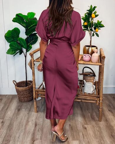 BTFBM Women 2023 Button Down Ruched Shirt Dresses Short Sleeve Lapel V Neck Elegant Party Spring Summer Maxi Satin Dress in Kuwait
