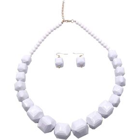 Halawly White Beads Necklace, Acrylic Costume Jewelry for Women Girls Chunky Statement Strand Necklaces with Bracelet Dangle Earrings, Big African Beaded Necklace Halloween Christmas Festivals Gift