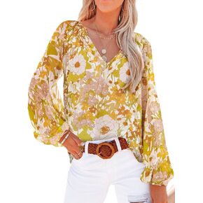 Dokotoo Women's Casual Boho Floral Print V Neck Long Sleeve T Shirt Blouses in Kuwait