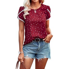PRETTYGARDEN قمصان نسائية صيفية غير رسمية برقبة دائرية من الدانتيل والكروشيه بلوزات بأكمام قصيرة لطيف مطبوع عليها زهور قطع علوية فضفاضة