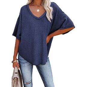 Dokotoo Women's Causual V Neck Short Sleeve Shirts Waffle Knit Loose Tunic Tops Blouses