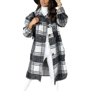 SeekMe Women's Long Plaid Shirt Jacket Shacket Lapel Button Down Woolen Blend Casual Tartan Over Shirt Trench Coat