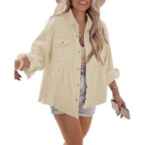Ashuai Womens Corduroy Peplum Shacket Jacket Long Sleeve Button Down Babydoll Shirts Oversized Casual Blouses Tops in Kuwait