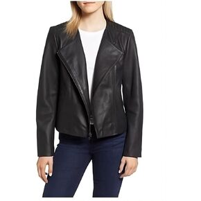 Cole Haan Women's Fully Lined Wing Collar Leather Coat