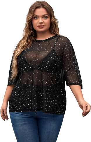 تيشيرت نسائي من MakeMeChic بمقاس كبير وشفاف وأكمام قصيرة in Kuwait