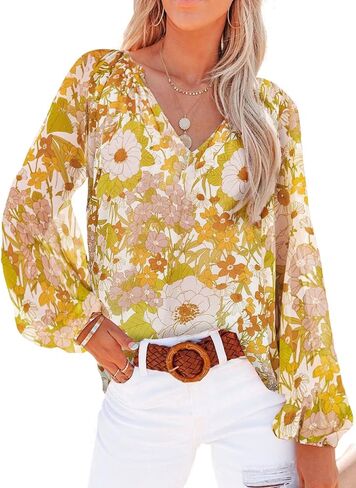 Dokotoo Women's Casual Boho Floral Print V Neck Long Sleeve T Shirt Blouses in Kuwait