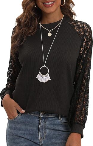Sigeeya Women's Long Sleeve Blouse Casual Lace Tunic Tops in Saudi Arabia