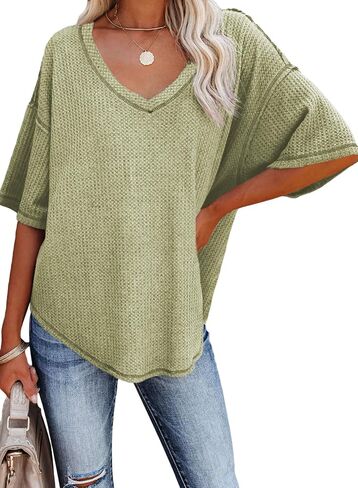Dokotoo Women's Causual V Neck Short Sleeve Shirts Waffle Knit Loose Tunic Tops Blouses in Saudi Arabia