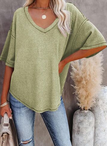 Dokotoo Women's Causual V Neck Short Sleeve Shirts Waffle Knit Loose Tunic Tops Blouses in Saudi Arabia