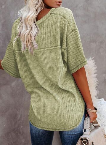 Dokotoo Women's Causual V Neck Short Sleeve Shirts Waffle Knit Loose Tunic Tops Blouses in Saudi Arabia