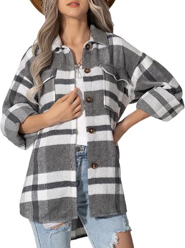 Lviefent Womens Casual Wool Blend Plaid Flannel Shackets Jacket Button Down Shirt Coat in Kuwait