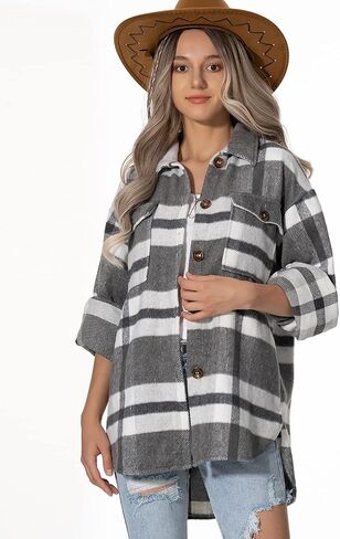 Lviefent Womens Casual Wool Blend Plaid Flannel Shackets Jacket Button Down Shirt Coat in Kuwait