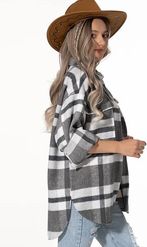 Lviefent Womens Casual Wool Blend Plaid Flannel Shackets Jacket Button Down Shirt Coat in Kuwait