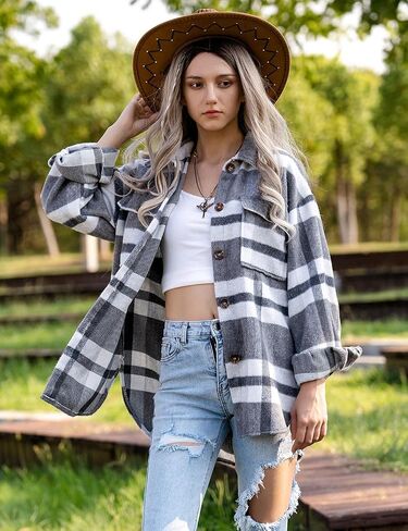 Lviefent Womens Casual Wool Blend Plaid Flannel Shackets Jacket Button Down Shirt Coat in Kuwait