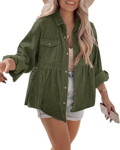 Ashuai Womens Corduroy Peplum Shacket Jacket Long Sleeve Button Down Babydoll Shirts Oversized Casual Blouses Tops in Kuwait