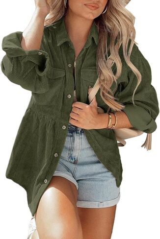 Ashuai Womens Corduroy Peplum Shacket Jacket Long Sleeve Button Down Babydoll Shirts Oversized Casual Blouses Tops in Kuwait