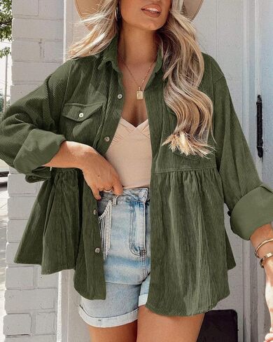 Ashuai Womens Corduroy Peplum Shacket Jacket Long Sleeve Button Down Babydoll Shirts Oversized Casual Blouses Tops in Kuwait