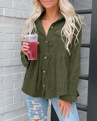 Ashuai Womens Corduroy Peplum Shacket Jacket Long Sleeve Button Down Babydoll Shirts Oversized Casual Blouses Tops in Kuwait