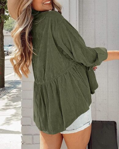 Ashuai Womens Corduroy Peplum Shacket Jacket Long Sleeve Button Down Babydoll Shirts Oversized Casual Blouses Tops in Kuwait