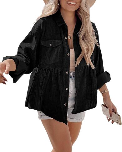 Ashuai Womens Corduroy Peplum Shacket Jacket Long Sleeve Button Down Babydoll Shirts Oversized Casual Blouses Tops in Kuwait