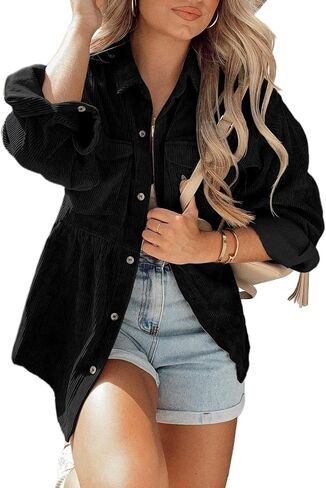 Ashuai Womens Corduroy Peplum Shacket Jacket Long Sleeve Button Down Babydoll Shirts Oversized Casual Blouses Tops in Kuwait