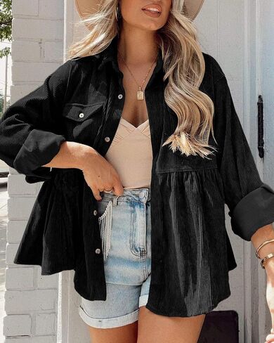 Ashuai Womens Corduroy Peplum Shacket Jacket Long Sleeve Button Down Babydoll Shirts Oversized Casual Blouses Tops in Kuwait