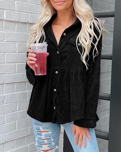 Ashuai Womens Corduroy Peplum Shacket Jacket Long Sleeve Button Down Babydoll Shirts Oversized Casual Blouses Tops in Kuwait